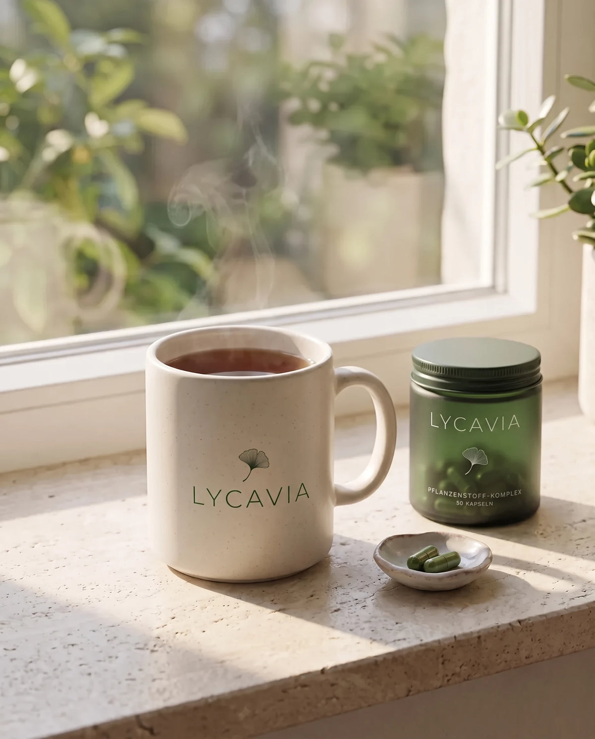 Tasse mit Tee neben der Glasdose auf der Fensterbank