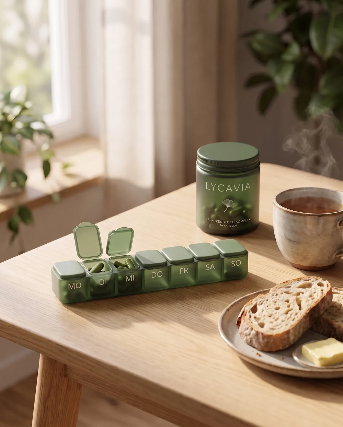 Wochenbox mit Kapseln auf dem Frühstückstisch neben der Glasdose