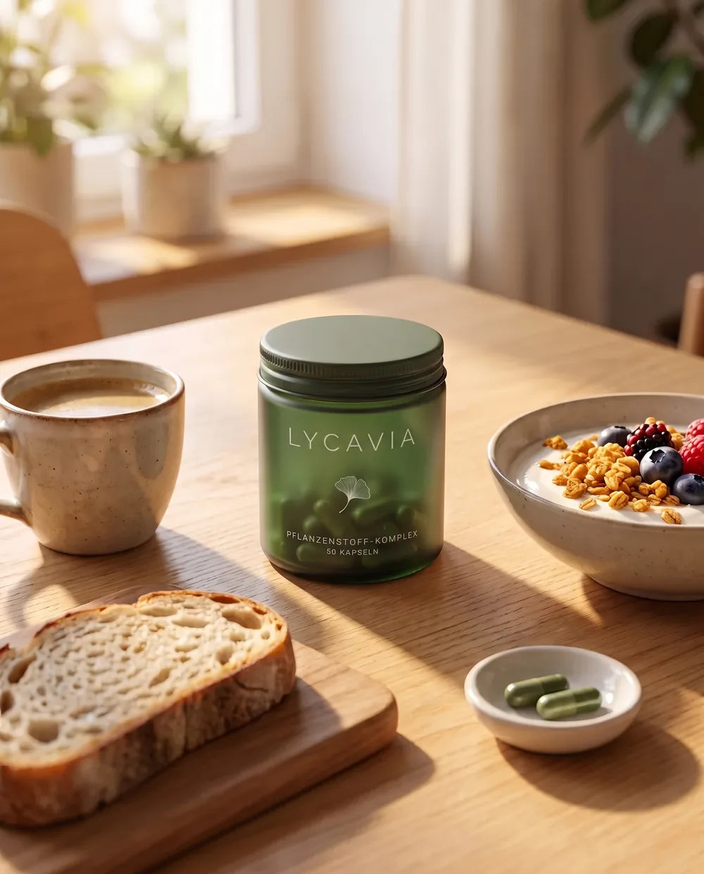 Frühstückstisch mit Dose, Kaffee, Müsli und Brot